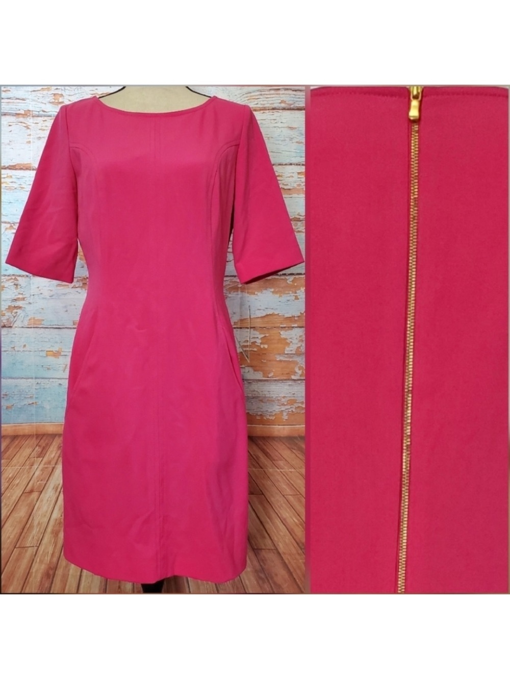 NWT Tahari Arthur S Levine Fuchsia Sheath Dress Gold Zipper Pockets 6P - Picture 5 of 6